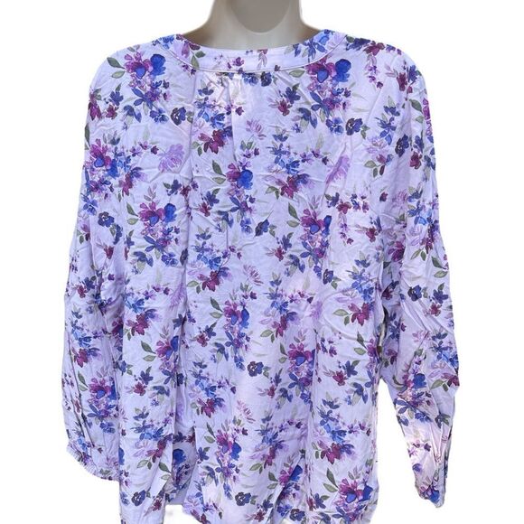 - Denim & Co. Printed V-Neck Long-Sleeve Blouse Floral purple - Picture 2 of 6